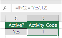 Cell D2 contains a formula =IF(C2="Yes",1,2)