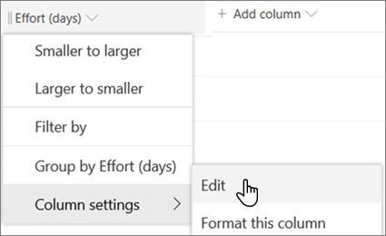 The Edit column pane in SharePoint with the Delete option selected