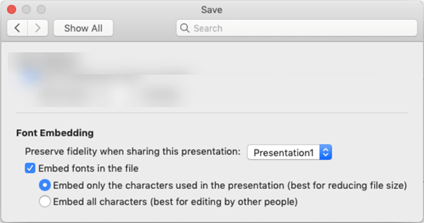 Use PowerPoint > Preferences to turn on font embedding for your file