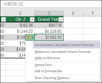 Inconsistent formula error notification in an Excel table