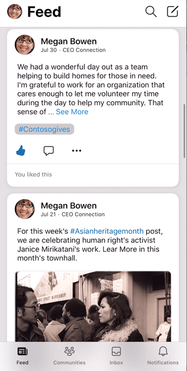 Screenshot showing the feed on the Yammer iOS app