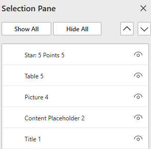 The Selection Pane for arranging objects in a slide in PowerPoint for the web.