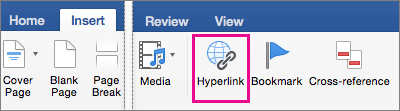 On the Insert tab, Hyperlink is highlighted