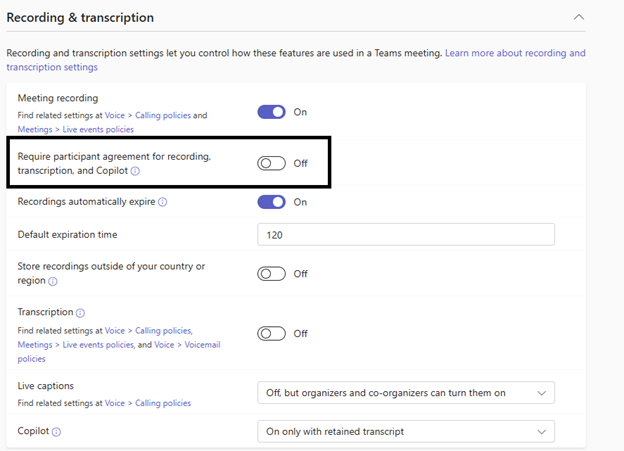 a section of a Teams settings page. It is the Recording & transcription section, where you can set how recordings and transcripts are handled. A black bock highlights the setting to require permission from meeting participants for recording, transcription, and Copilot.