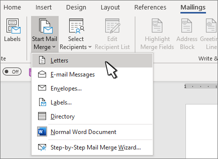 Mail Merge Start menu with Letters selected