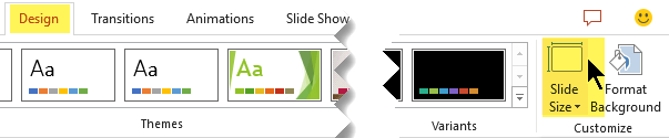 The Slide Size button is at the far right end of the Design tab of the toolbar ribbon