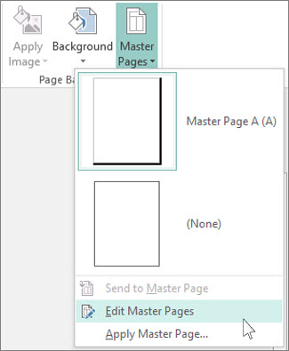 Screenshot of the Edit Master Pages drop-down in Publisher.