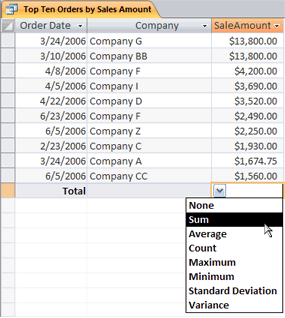 A Total row in a datasheet with a choice of functions