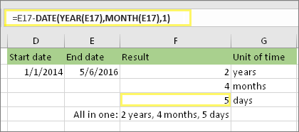 =DATEDIF(D17,E17,"md") and result: 5