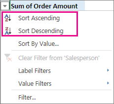 Ascending and Descending sort options