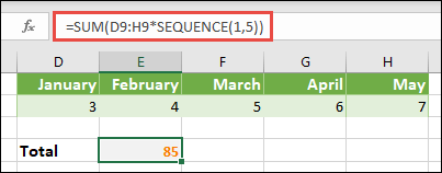 Use array constants in formulas. In this example, we used =SUM(D9:H(*SEQUENCE(1,5))