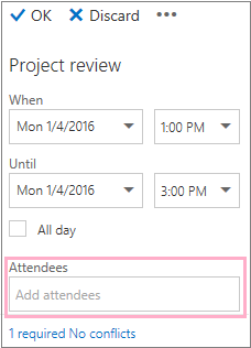 Details pane showing the Attendees box to use with the Scheduling Assistant