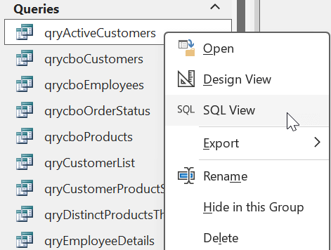 Right click menu options displayed from a query object in an Access database with the option SQL View selected