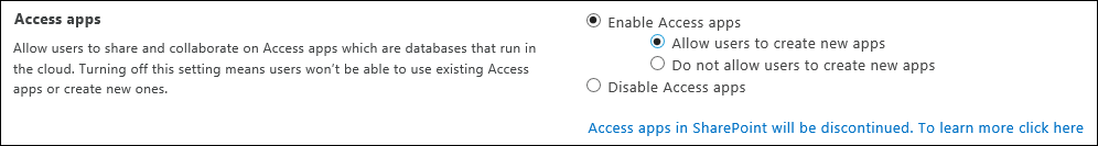 Screenshot of Access app settings on SharePoint Admin Center page