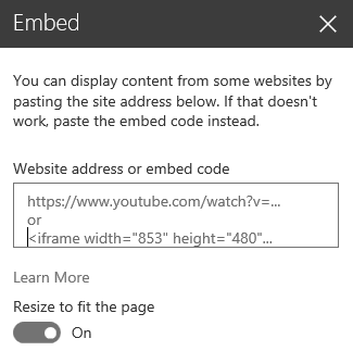 Screenshot of Embed code dialog in SharePoint.