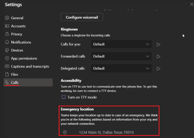 Image showing the4 Settings screen in Teams with the emergency location address called out in red at the bottom.