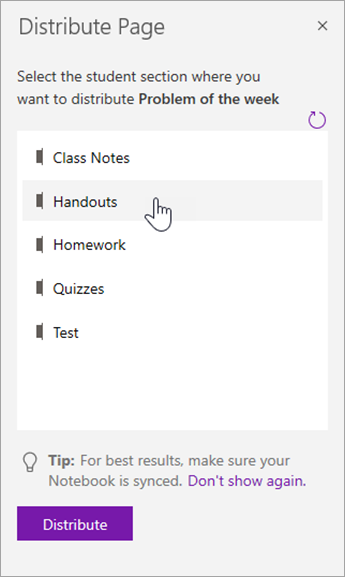 Choose a student section in Distribute page pane.