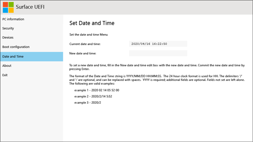 The date and time screen for Surface UEFI