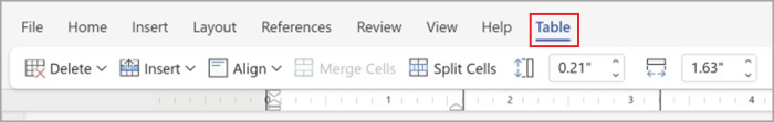 Table tabs in simplified ribbon