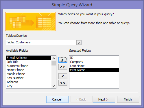 In the Simple Query Wizard dialog box, select the fields you want to use.