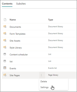 Image of the site contents page with the ellipses selected for Site pages. The cursor is hovering over Settings.