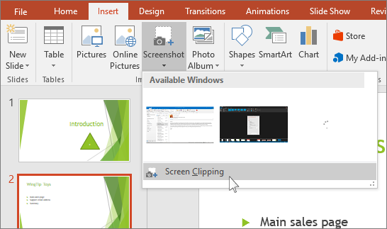 screen clipping drop down in powerpoint