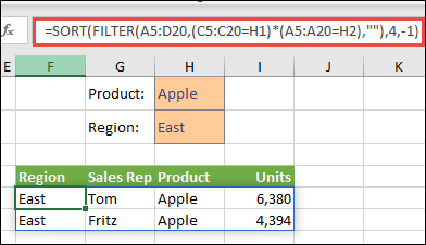 Using FILTER with the SORT function to return all values in our array range (A5:D20) that have Apples AND are in the East region, and then sort Units in descending order.