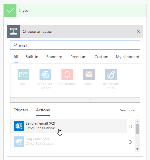 Choose send an email notification as an action in Power Automate