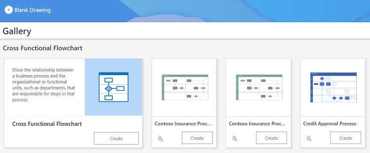 An example of templates available in Visio for the web.