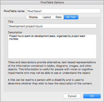 Alt text dialog for an Excel PivotTable.