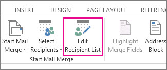 Screenshot of the Mailings tab in Word, showing the Edit Recipient List command as highlighted.