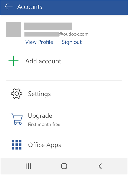 Shows the option to Sign out of Office on an Android device