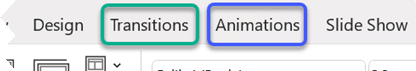 Partial image of the PowerPoint ribbon, emphasizing the Transitions and Animations tabs.