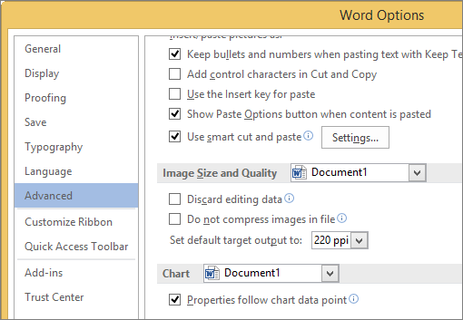 Image Size and Quality options in Word