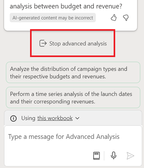 Screenshot showing the button to stop advanced analysis outlined with a box