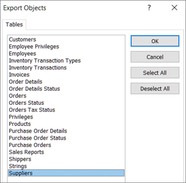 Selecting tables to migrate