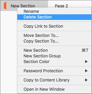 Section context menu in Mac with Delete Section highlighted.