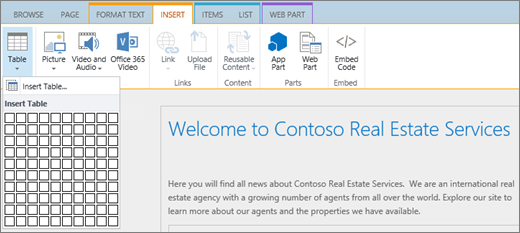 Screenshot shows  the SharePoint Online ribbon. Select the Insert tab and then select Insert Table to specify the number of rows and columns for a new table.