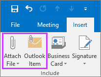 On the File tab, click Attach File or Email Item