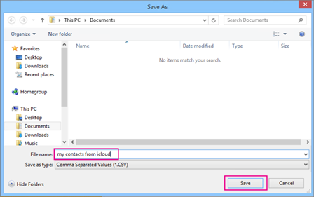 Type a name for your csv file and then choose Save.