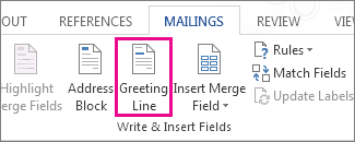 Screenshot of the Mailings tab in Word, showing the Greeting Line command as highlighted.