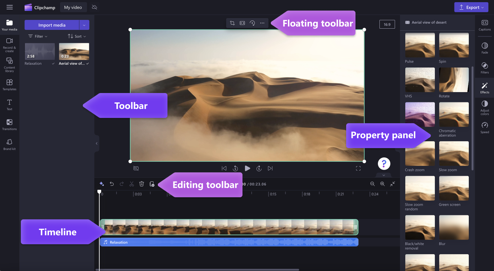 An image of the Clipchamp editor explained with what the elements are called inside the editor.