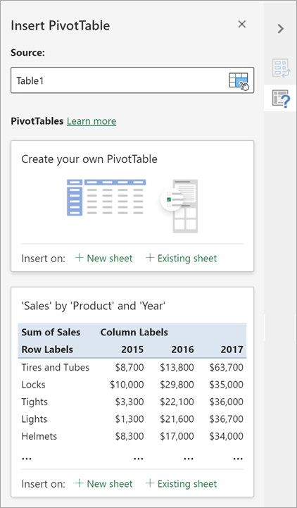 The Insert PivotTable pane lets you set the source, destination, and other aspects of the PivotTable.