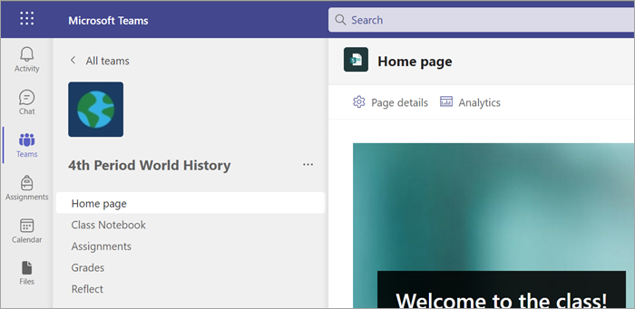 Home page selected in class team.