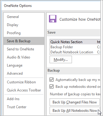 Screenshot of the OneNote Options dialog box in OneNote 2016.