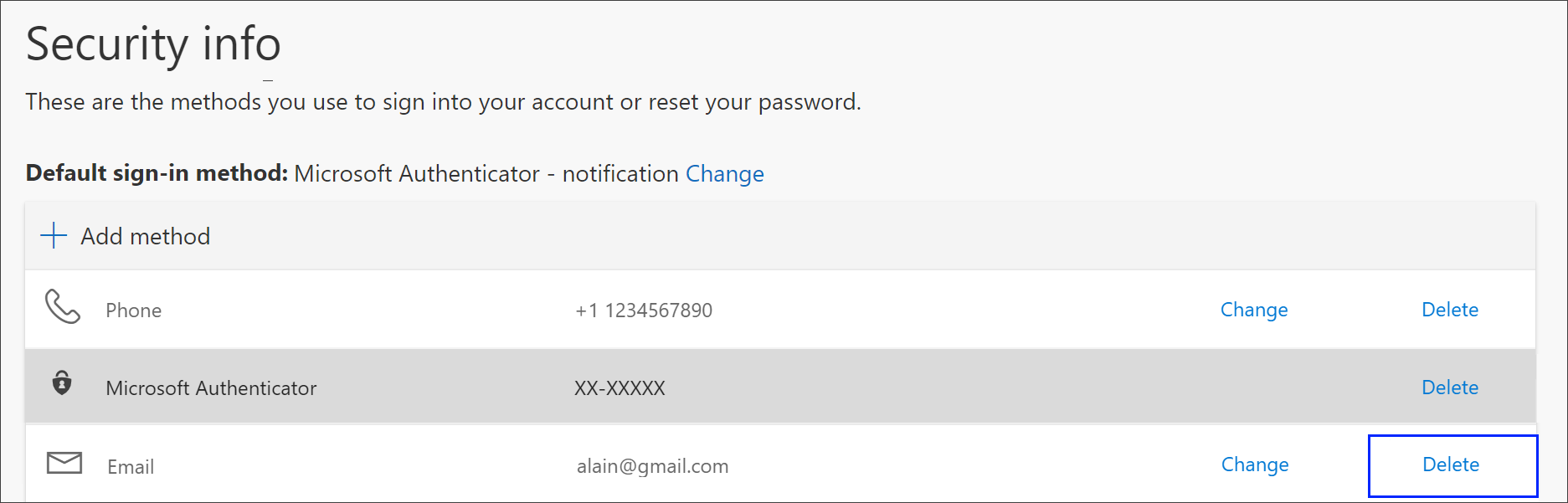 Link to delete the phone method from security info