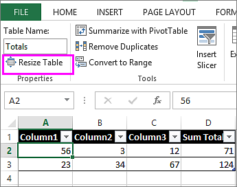 using the resize table option from the Table Tools