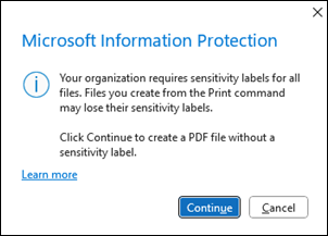 Microsoft Info protection create PDF window