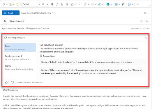 Copilot's suggestions for tone, clarity, and reader sentiment in Outlook for mobile