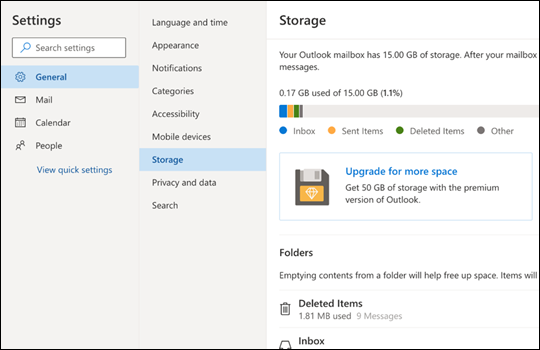 Storage menu for Outlook.com.